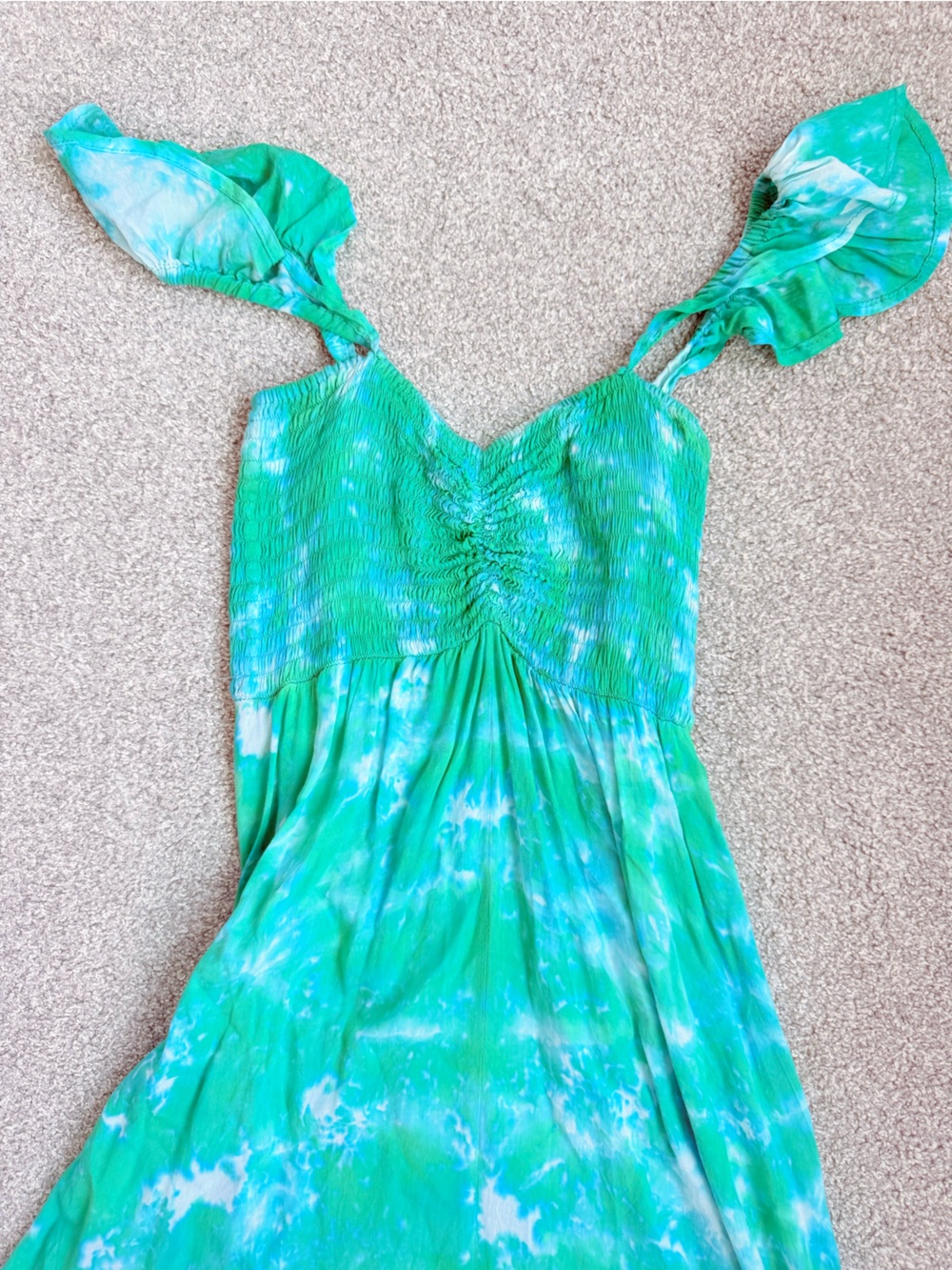 Smocked Tie-Dye Green Maxi Dress with Flutter Straps